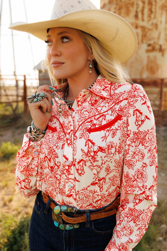 Performance Red Floral Pearl Snap Top