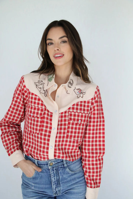 Red Gingham Embroidered Pearl Snap Top
