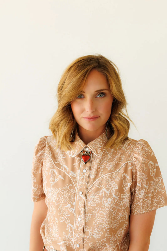 Tan Floral Horse Pearl Snap Top