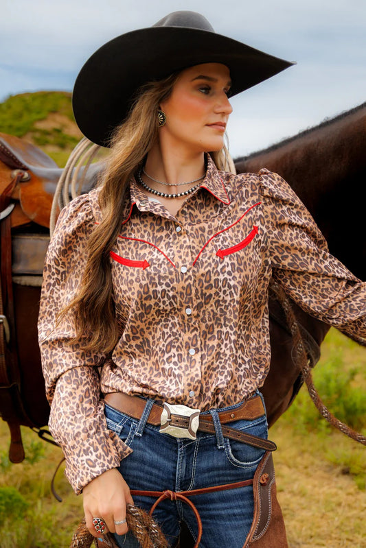 Red & Leopard Pearl Snap Shirt