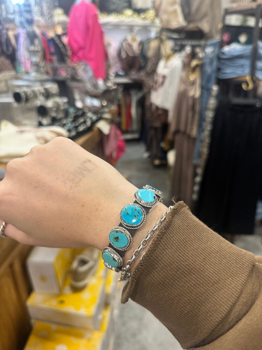 Sterling & 7 Stone Turquoise Leather Bracelet