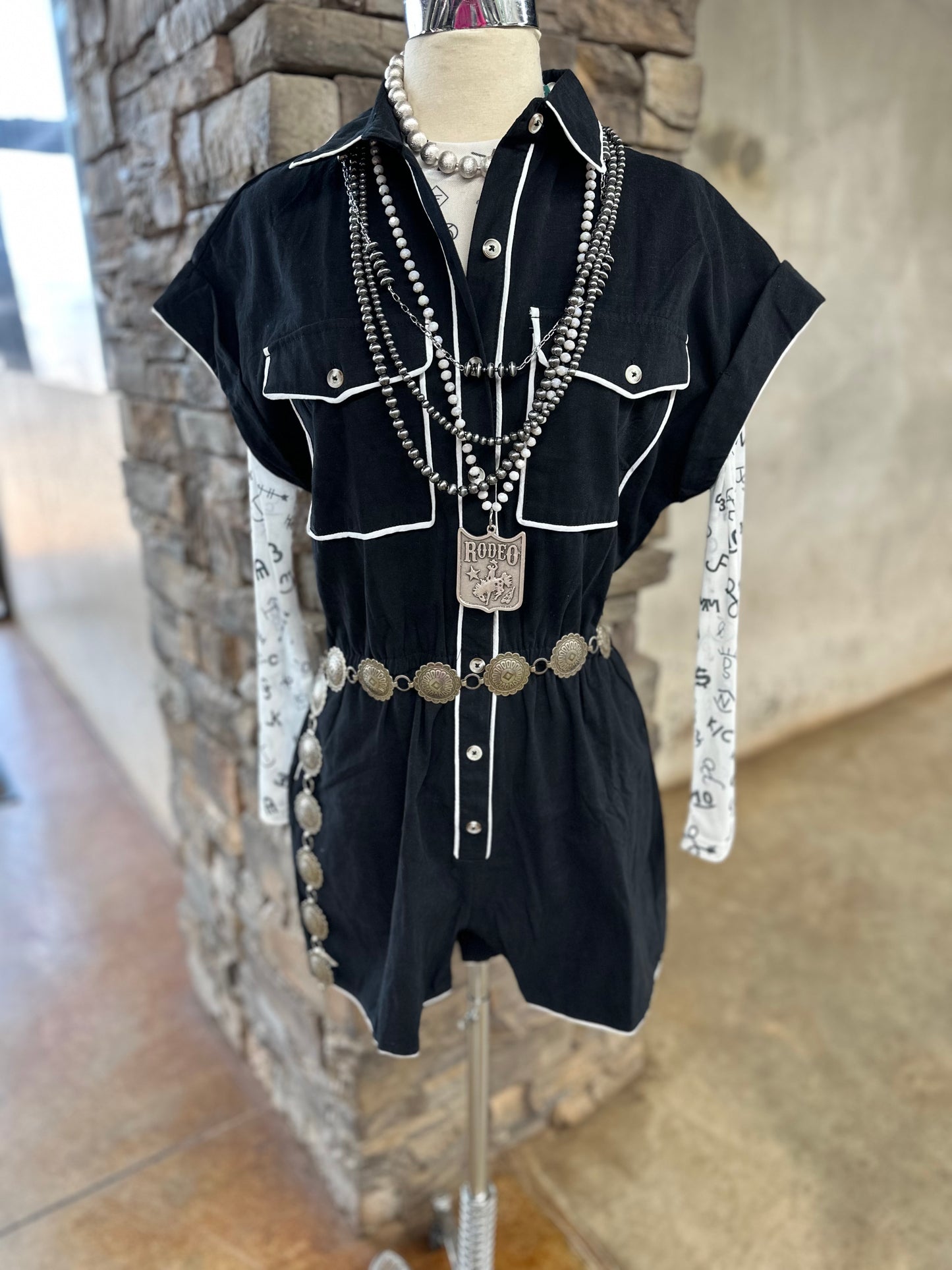 Black Contrasting Button Down Romper