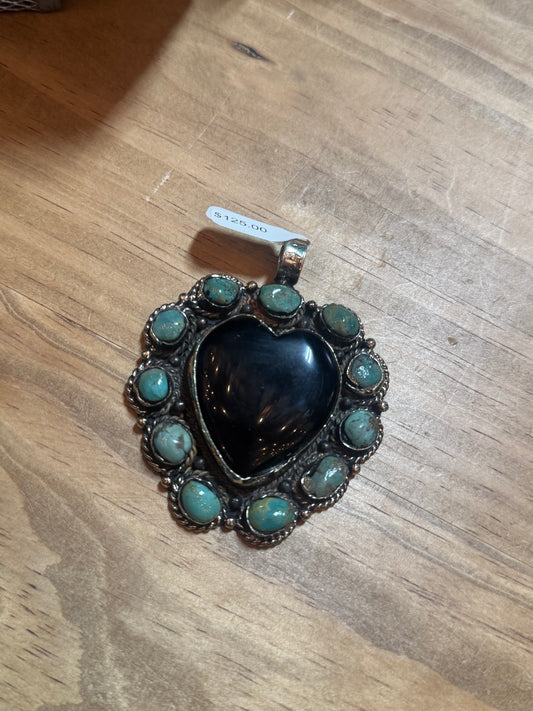 Genuine Onyx and Turquoise Stone Heart Pendant