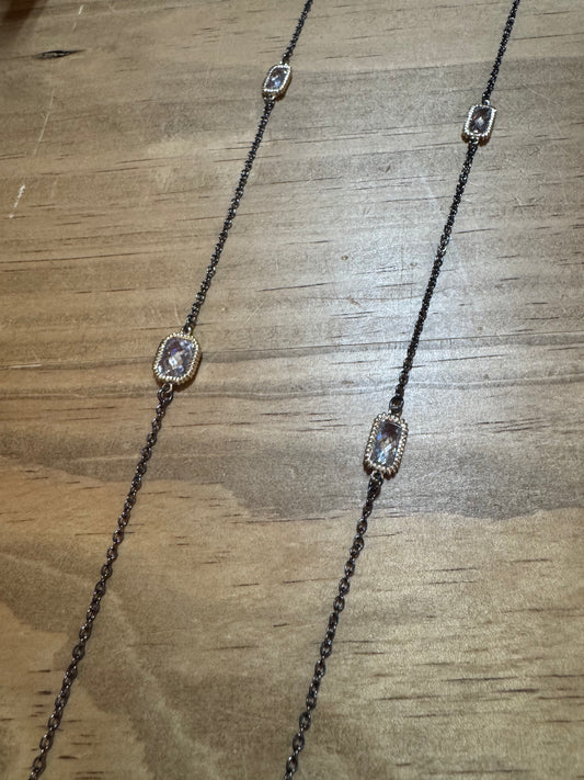 Black Chain and Gold Crystal Stone Long Necklace
