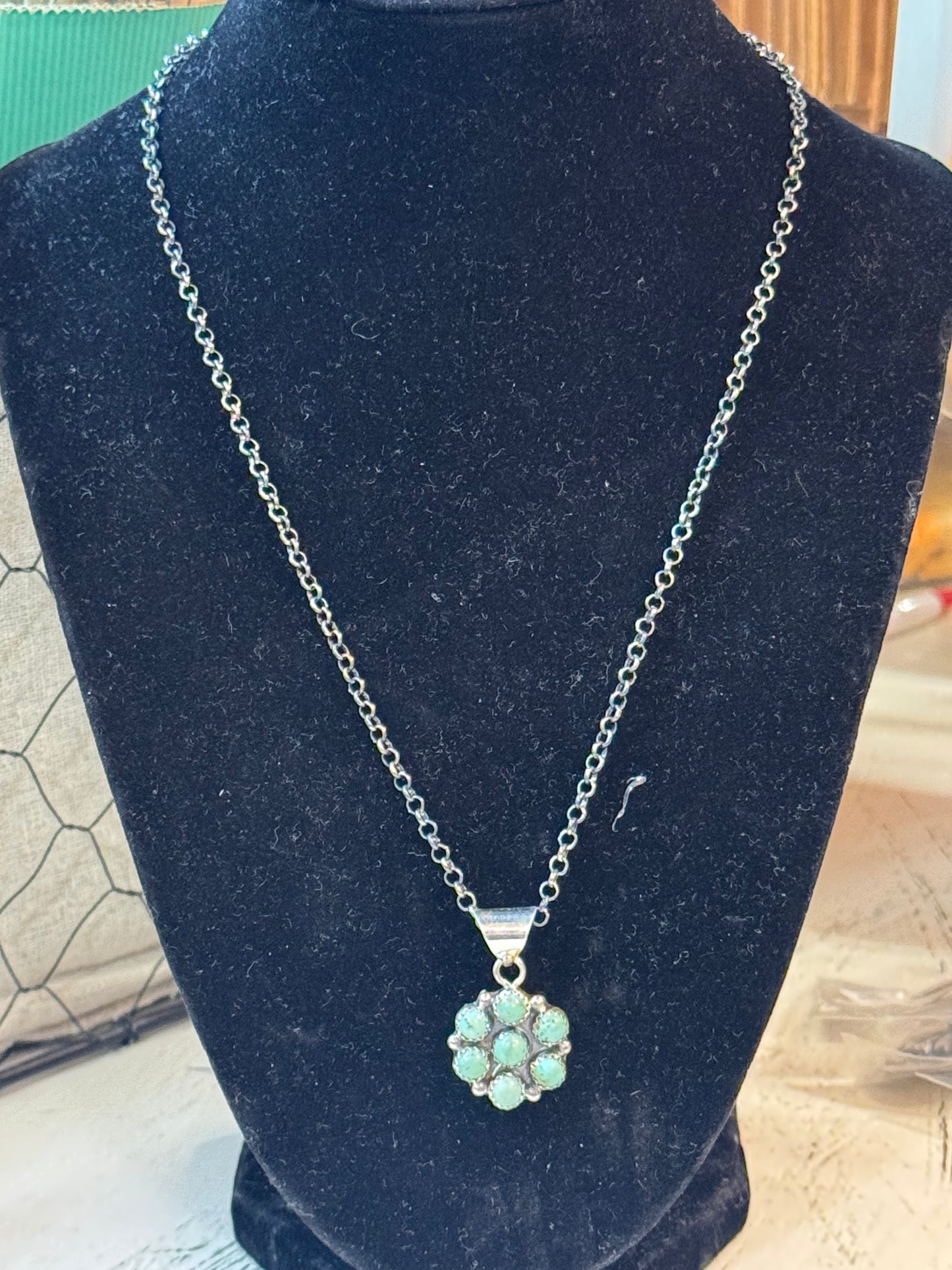 Authentic Turquoise Cluster Pendant on Sterling Silver Round Chain