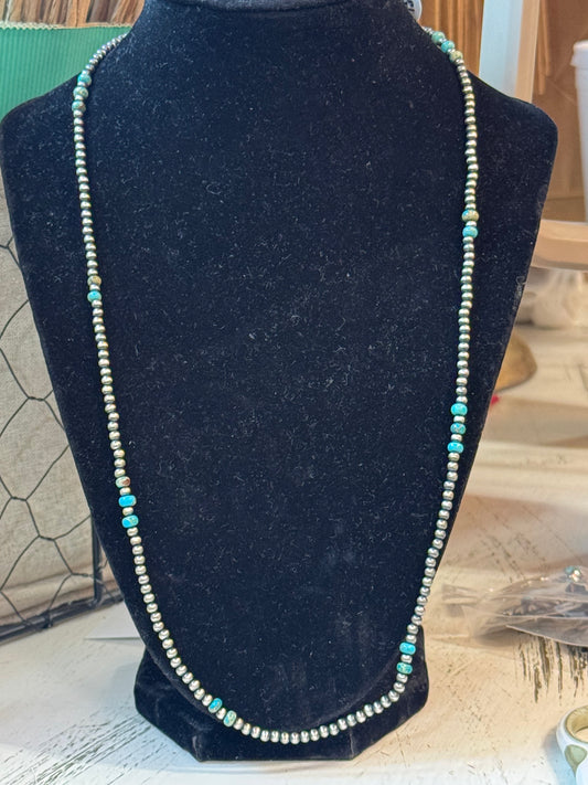 24” Sterling Silver Navajo Pearl Necklace with Authentic Turquoise