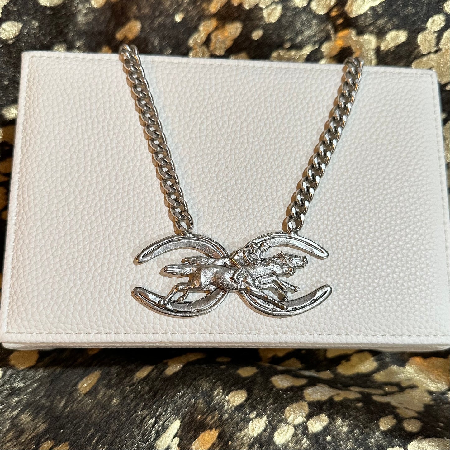 Yochi NY Silver Double Horseshoe & Rider Pendant Necklace