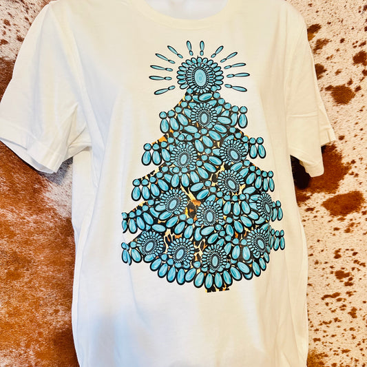 Turquoise Jewel Christmas Tree White Tee