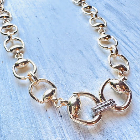 20" Chunky Gold Pave Horse Bit Necklace