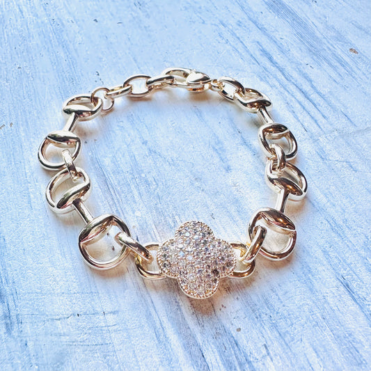 Gold & Large Paved CZ Clover Horse Bit Bracelet
