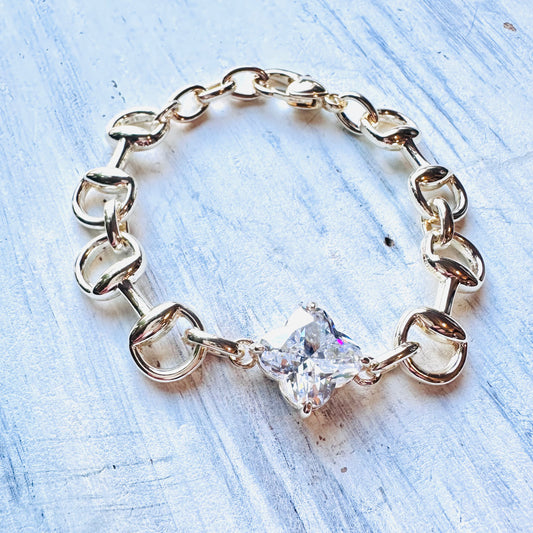 Gold & Large CZ Clover Horse Bit Bracelet