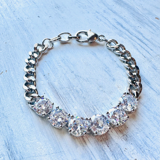 Silver & 6 Large CZ Stones Chain Bracelet
