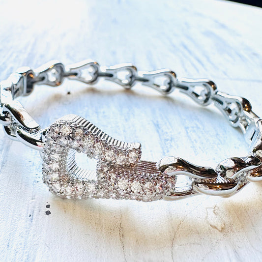 Silver Bit & CZ Buckle Hinged Cuff Bracelet