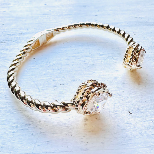 Twisted Gold & CZ Clover Cuff Bracelet