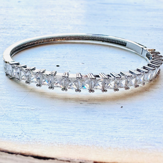 Silver CZ Tennis Style Hinged Cuff Bracelet