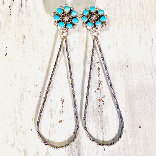 Sterling 3" Open Teardrop & Turquoise Earrings