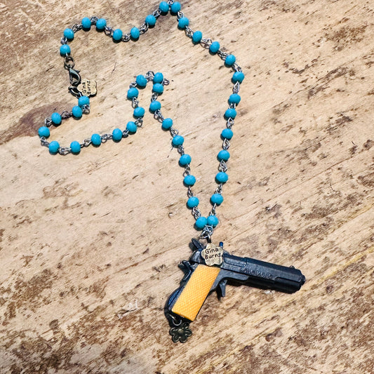 Turquoise Beaded Necklace & Mustard Pistol Pendant