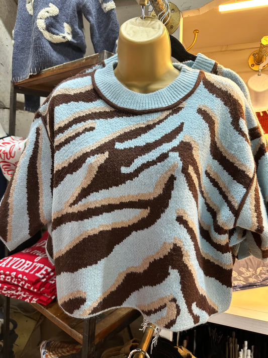 Blue & Brown Zebra Pattern Crop Sweater