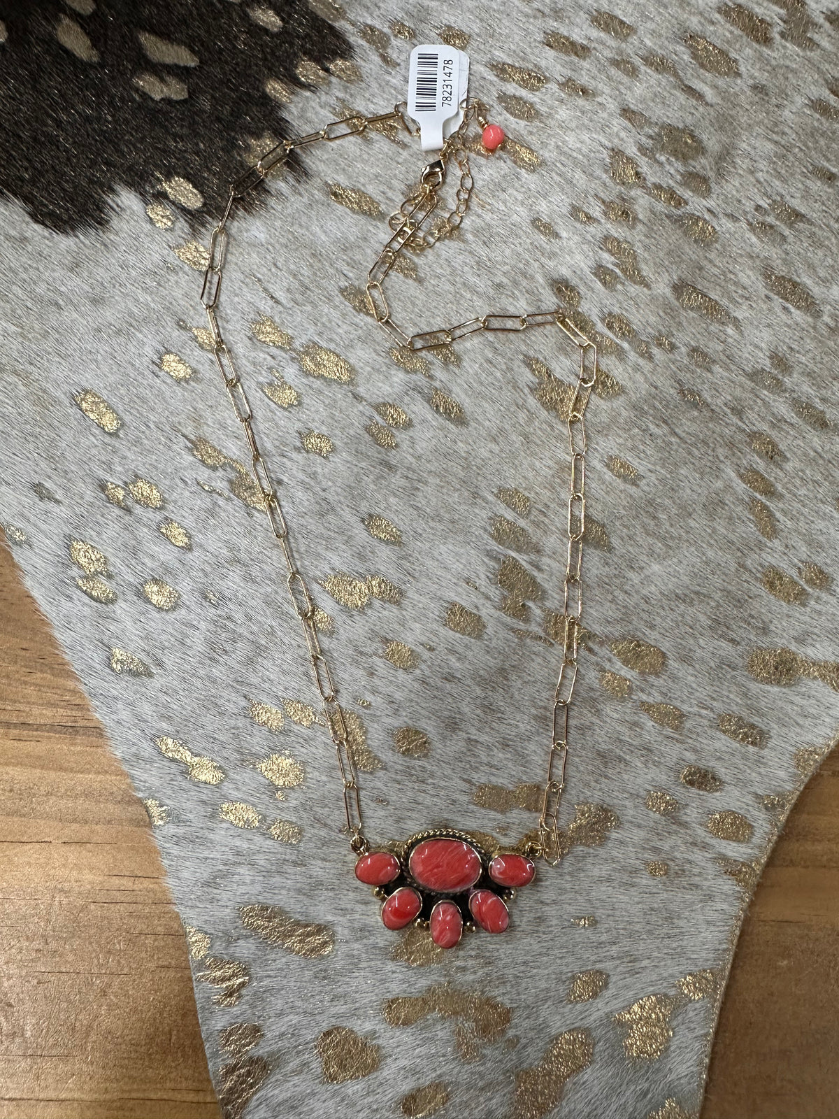 Brass Coral Pink Jasper Small Half Chunky Cluster Necklace