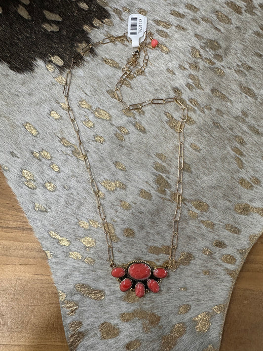 Brass Coral Pink Jasper Small Half Chunky Cluster Necklace