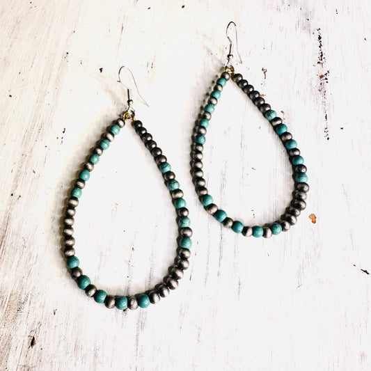 Pewter & Turquoise Beaded Teardrop Earrings