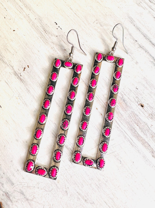 Hot Pink Stone Rectangle Dangle Earrings