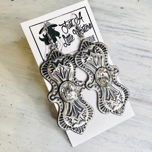 Rhinestone Elongated Concho Dangle Earrings