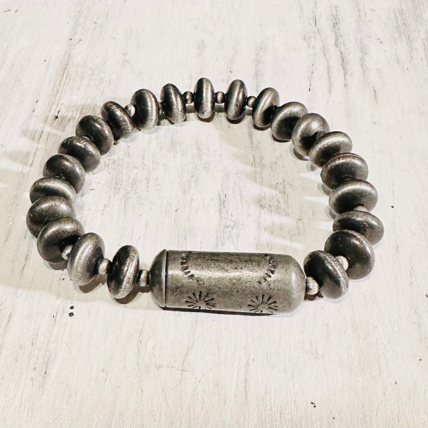 Pewter Rondel & Barrel Bead Stretch Bracelet