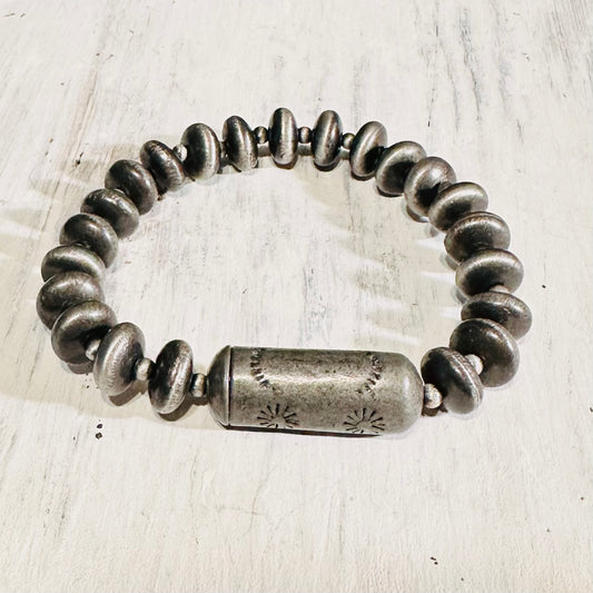 Pewter Rondel & Barrel Bead Stretch Bracelet