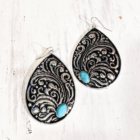 Tooled Teardrop & Turquoise Dangle Earrings