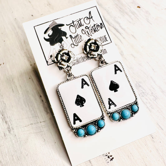Ace of Spades, Flower, & Turquoise Earrings