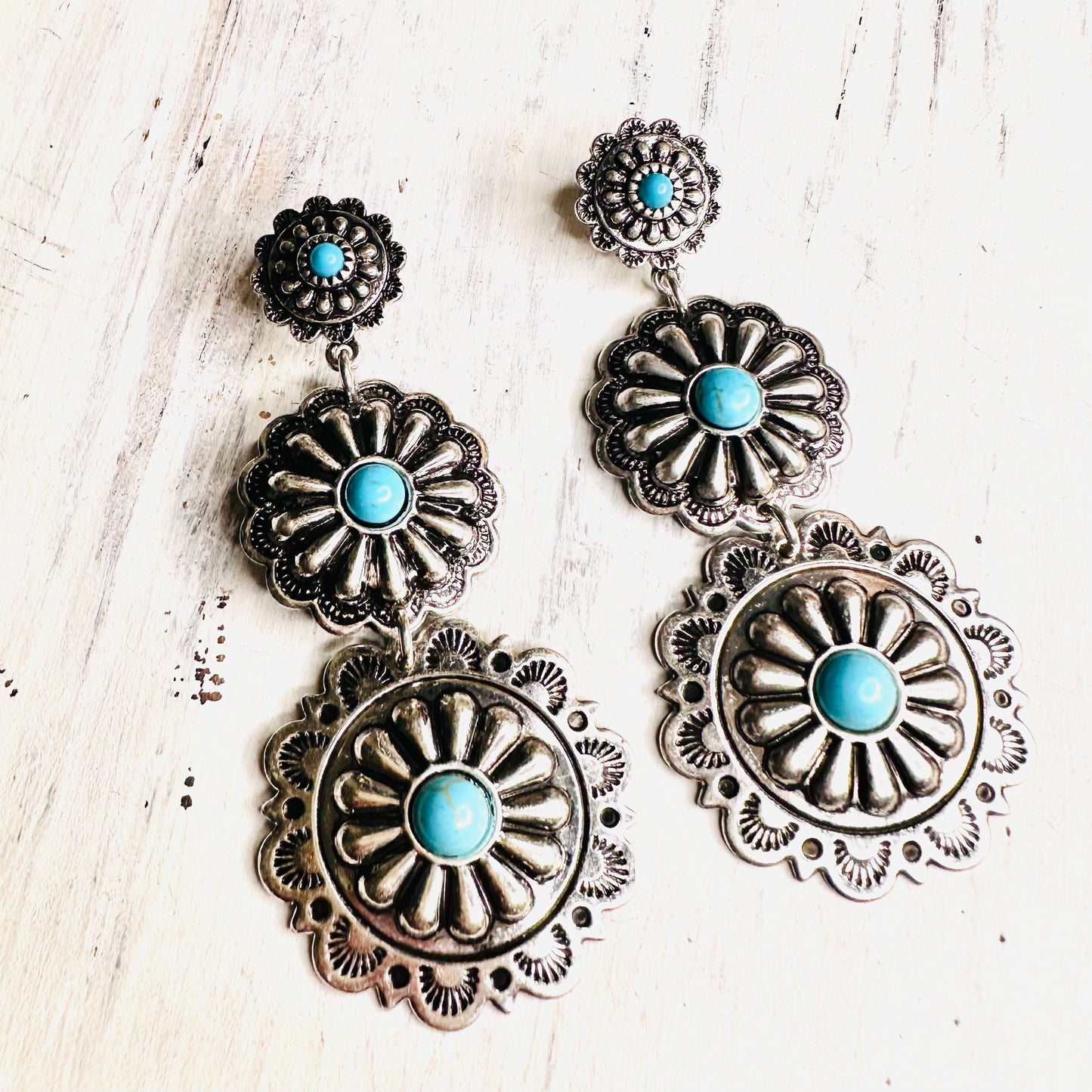 Triple Concho & Turquoise Dangle Earrings