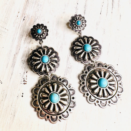 Triple Concho & Turquoise Dangle Earrings