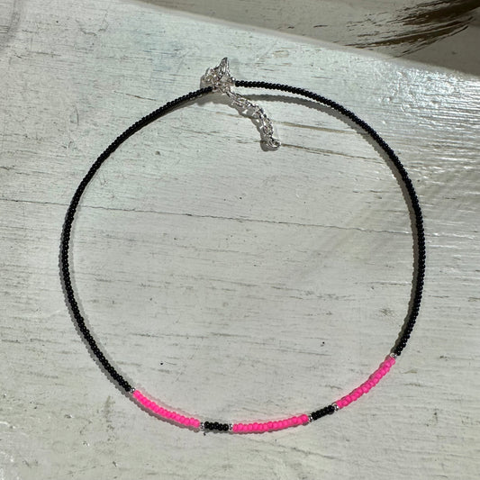 Hot Pink & Black Beaded Choker Necklace