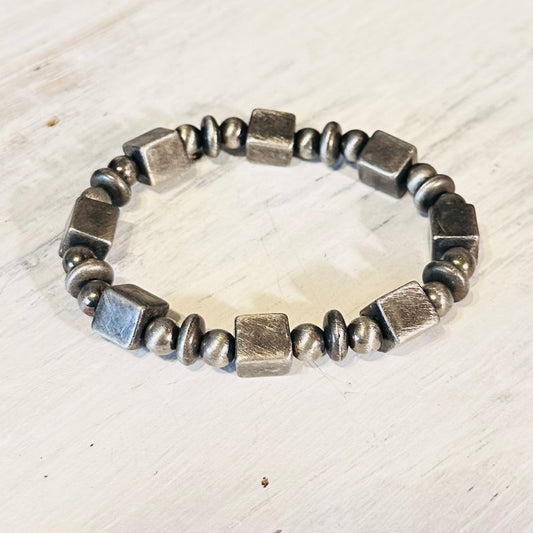 Pewter Pearl & Square Beaded Stretch Bracelet