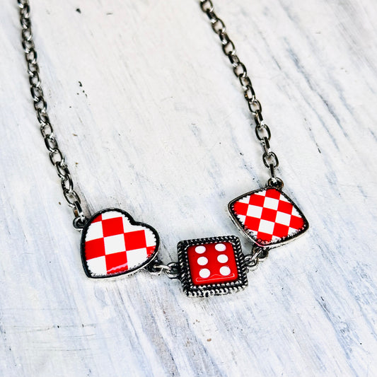 Red Checkered Heart & Diamond Dice Necklace
