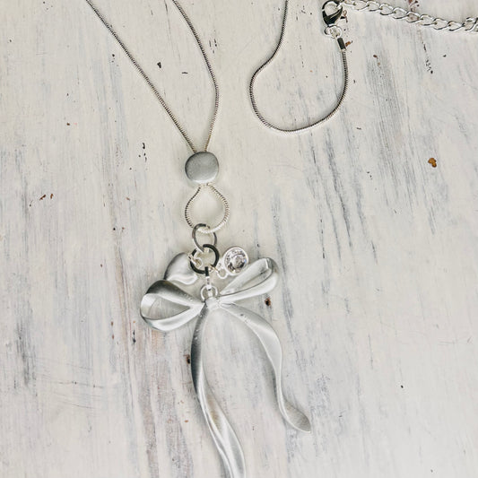 30" Matte Silver Bow Necklace