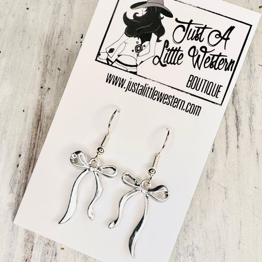 Matte Silver Bow Dangle Earrings
