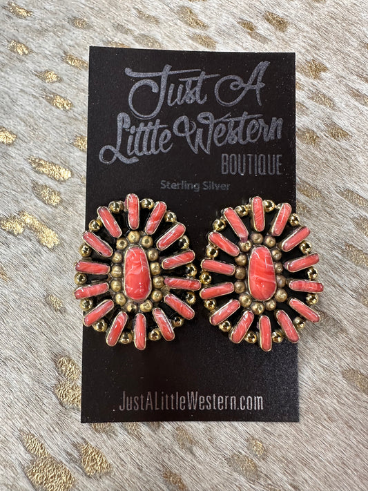 Brass Coral Pink Jasper Oval Cluster Earring
