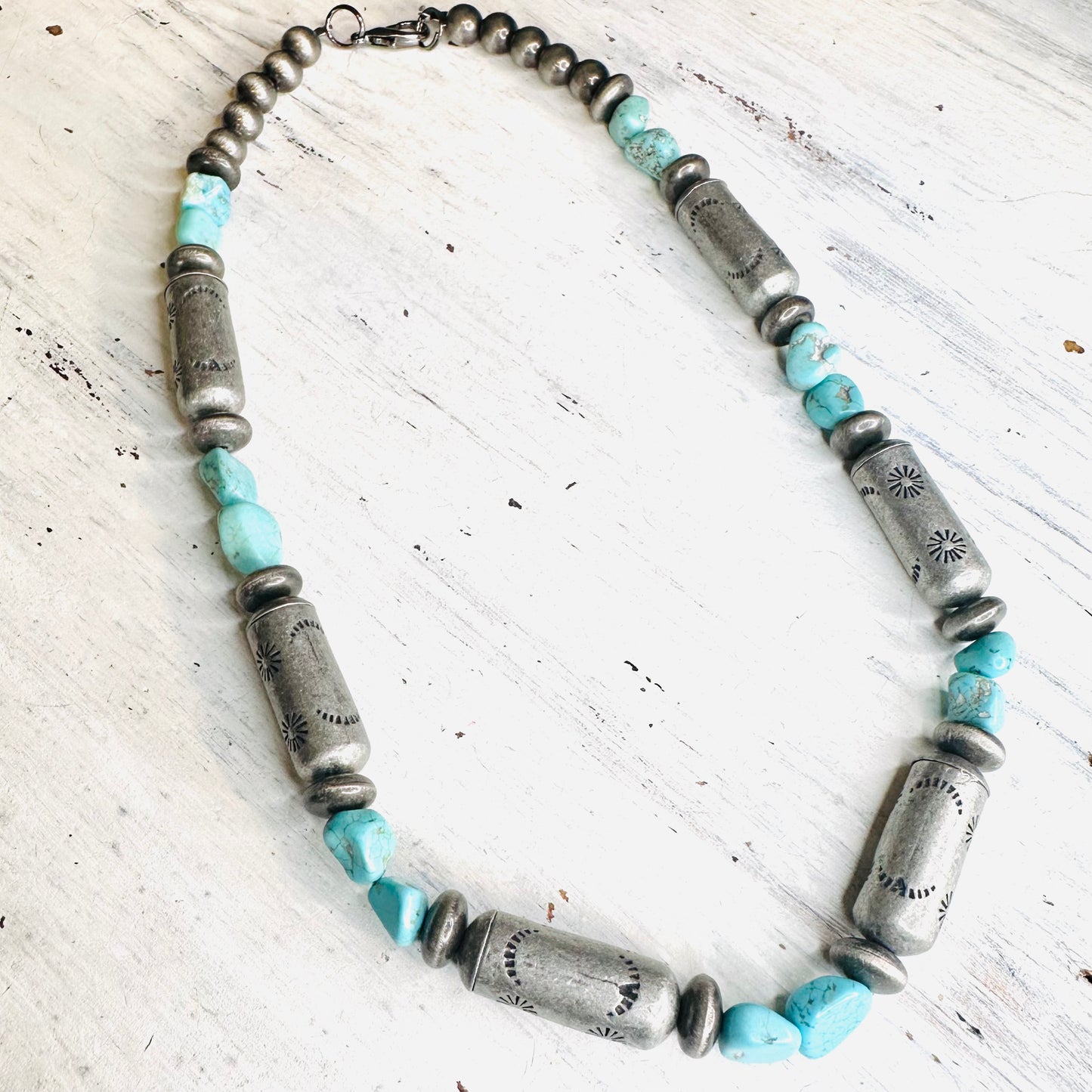 Turquoise & Pewter Barrel Bead Necklace