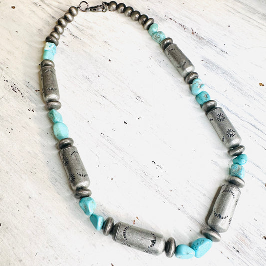 Turquoise & Pewter Barrel Bead Necklace