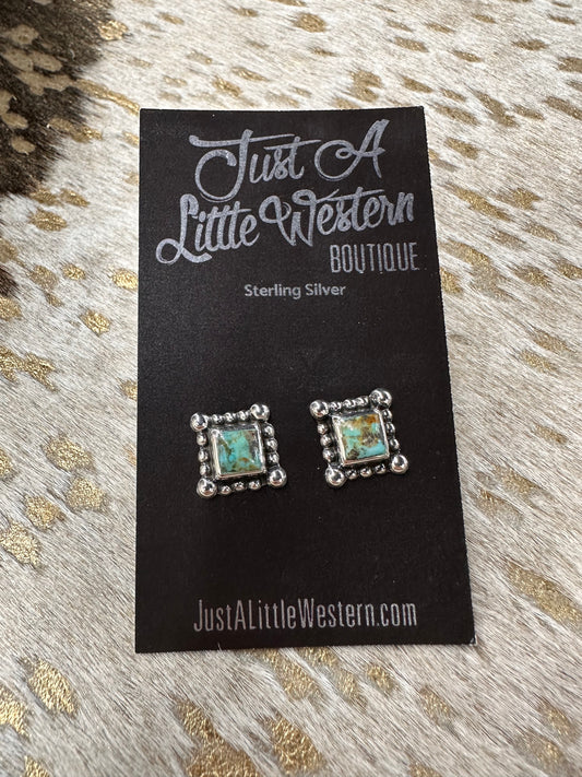 Sterling Silver Turquoise Bead Edge Square Stud