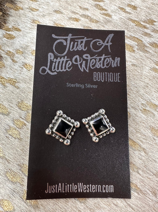 Sterling Silver Bead Edge Onyx Square Stud