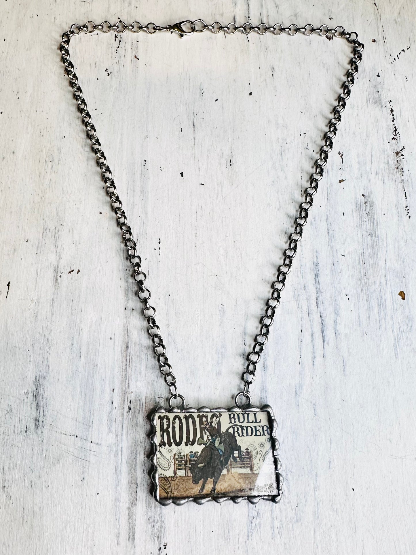 Rodeo Bull Rider Frame Pendant Necklace