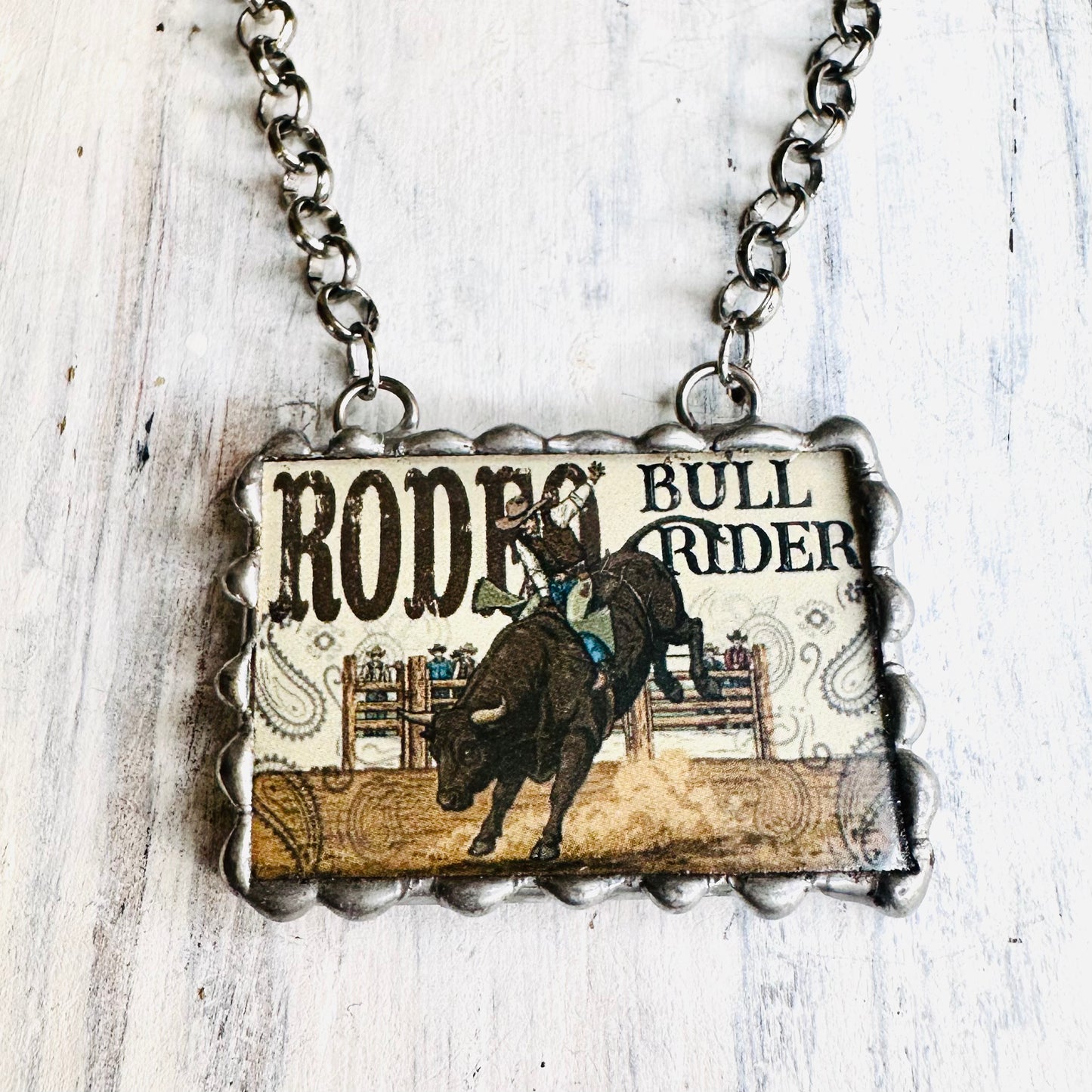Rodeo Bull Rider Frame Pendant Necklace