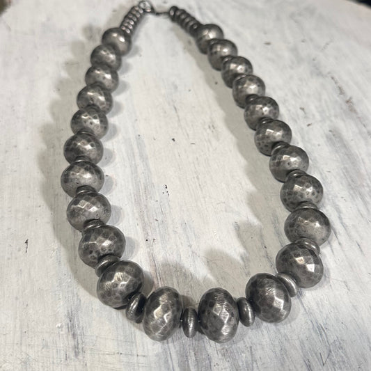 Textured Pewter Pearl & Disc Beaded Necklace