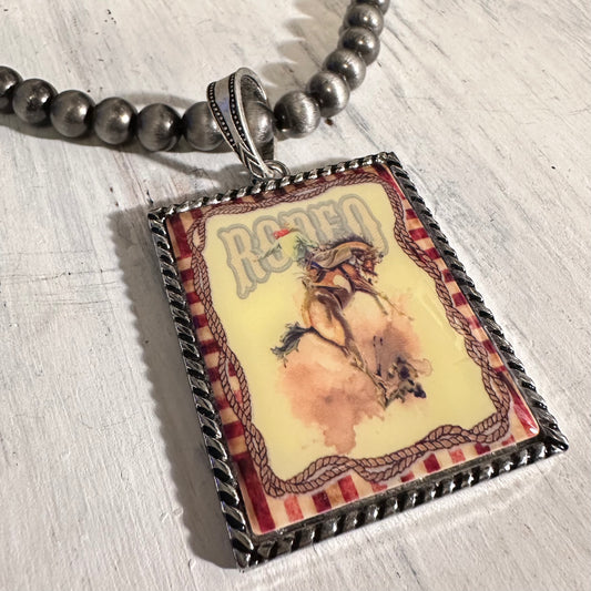 Rodeo Bronc Pewter Pearl Necklace