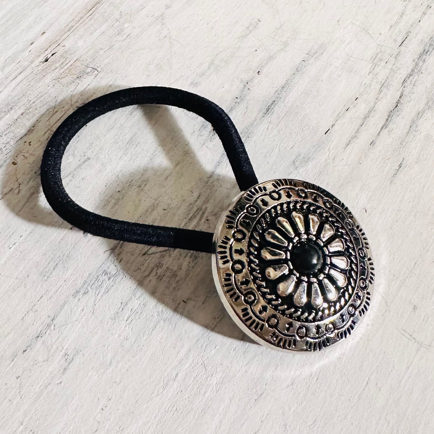 Silver Concho & Black Stone Hair Tie
