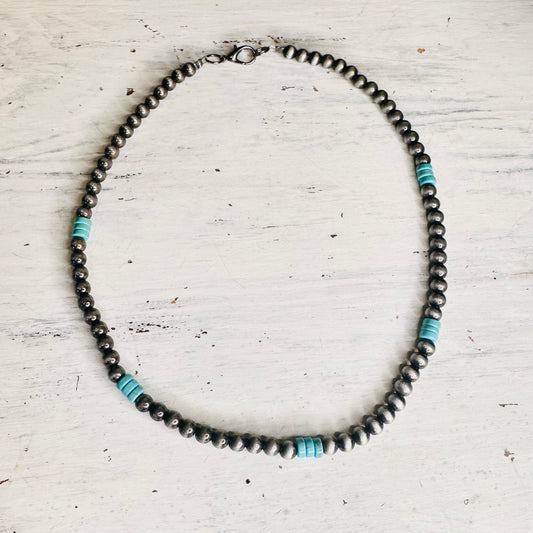 18" Pewter Pearl & Turquoise Roundel Beaded Necklace