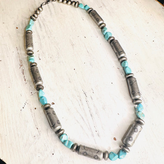 22" Turquoise & Pewter Barrel Beaded Necklace